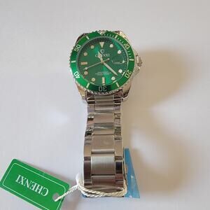 CHENXI Green Dial Watch Men Silver Stainless Bracelet Date Lume Casual Gift